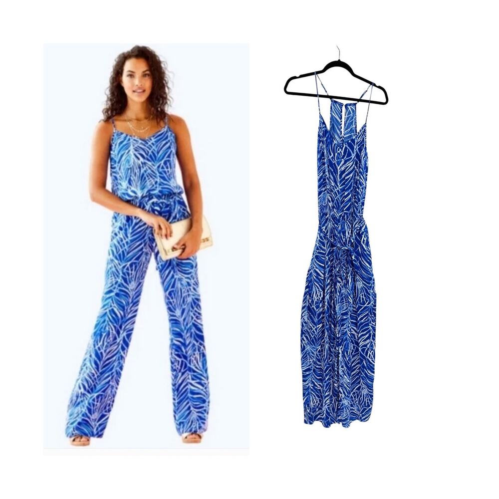 Lilly Pulitzer Dusk Jumpsuit Early Riser Blue Palm Print Tie Waist Size Large